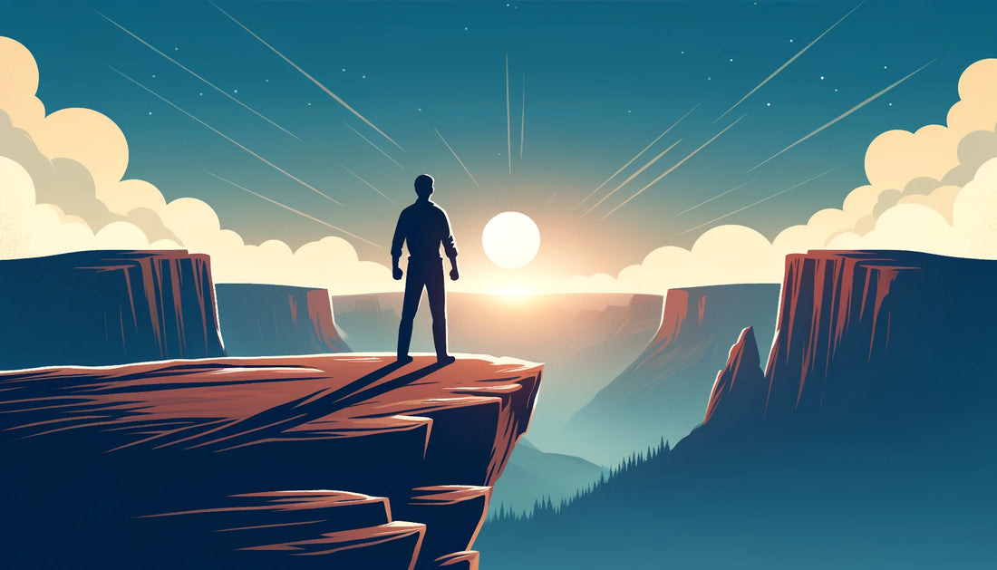 A person standing at the edge of a cliff, looking out at a sunrise, symbolizing courage and confidence