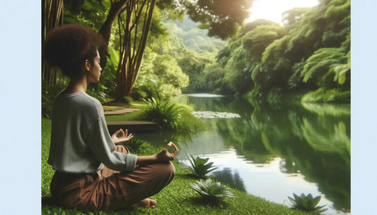 Practicing mindfulness meditation outdoors in a serene natural setting.