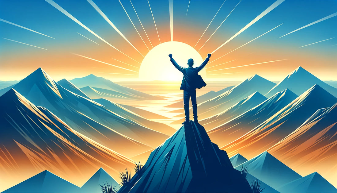 A person standing confidently on a mountain peak at sunrise, symbolizing confidence building and inner strength